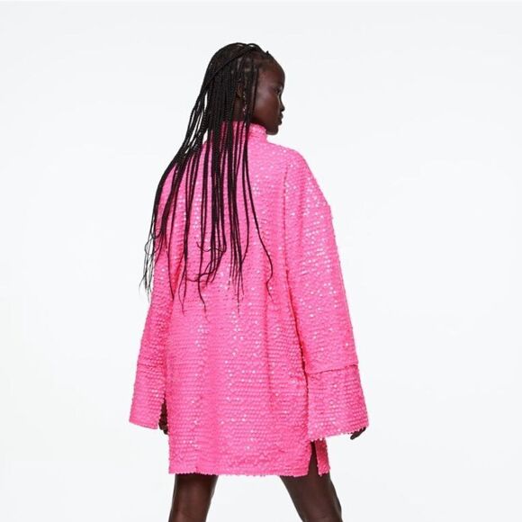 H&M Sequined Shirt Dress Cerise Festive New Barbiecore - Picture 4 of 8